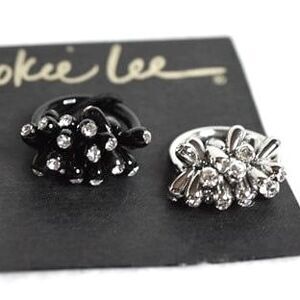 NWT Cookie Lee Crystal Cluster Cocktail Statement Black Silver Tone 2 Rings Sz 8